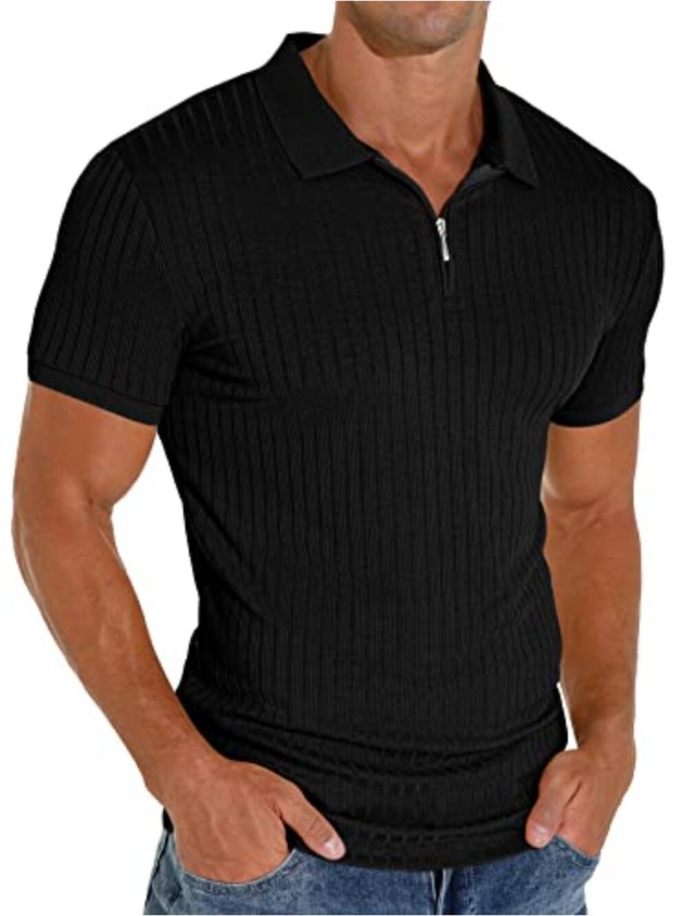 Men's Zipper Polo Shirt Slim Fit Short Sleeve Casual Golf Shirt